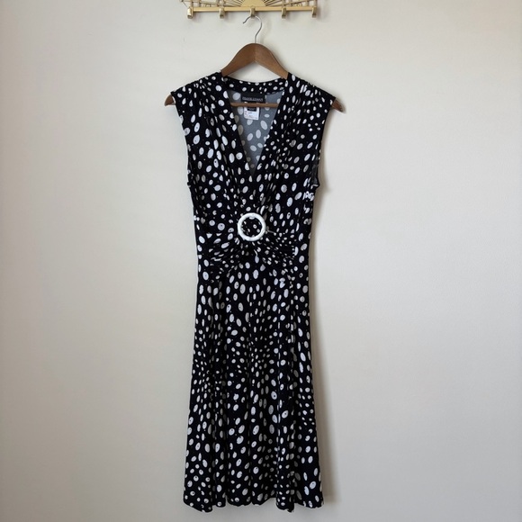 Frank Lyman Polka Dot Dress 12 Shimmer Sequin Buckle Black White - Picture 1 of 7
